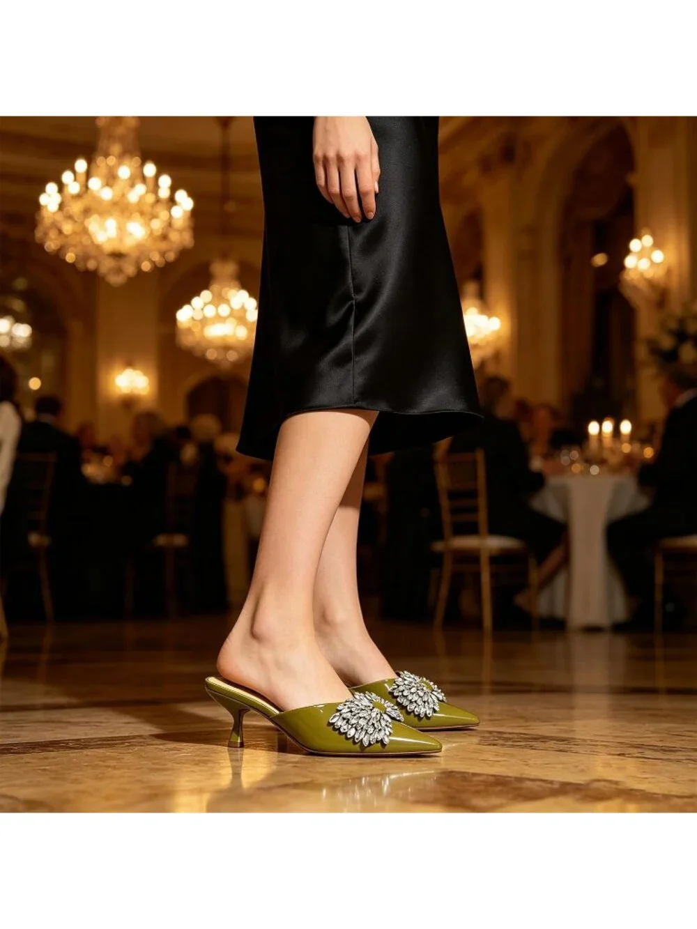 Women's Green Rhinestone Bow Kitten Heel Pointed Toe Low Heel Slide Sandals